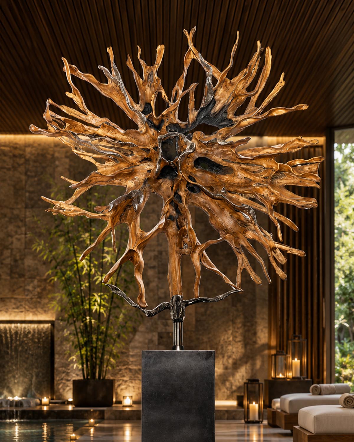 Sculptural Driftwood in a Serene Spa